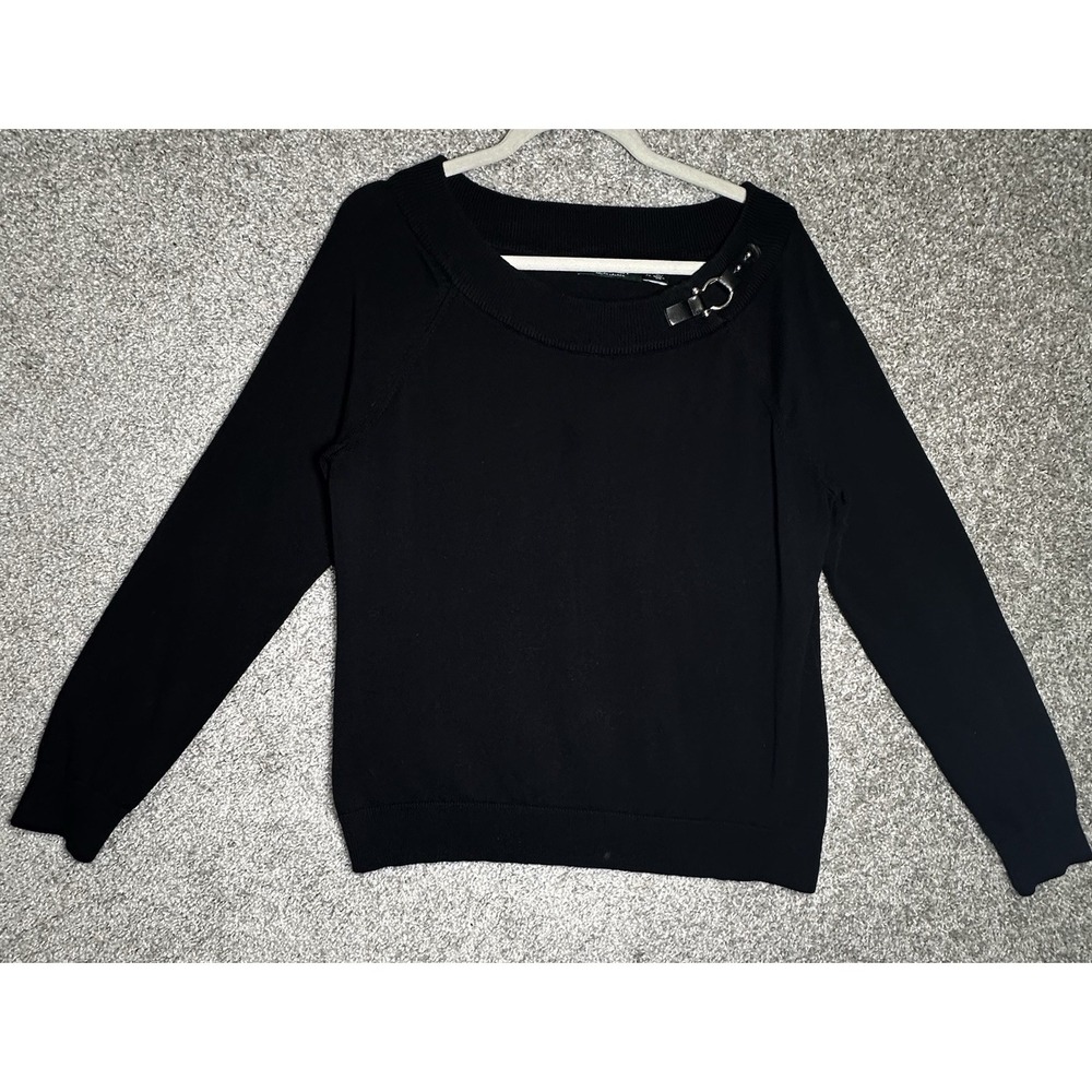 Lauren Ralph Lauren Women's Buckle Boat Neck Sweater Black Cotton Knit Sz XL